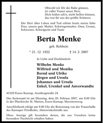 Traueranzeige von Berta Menke von Tageszeitung