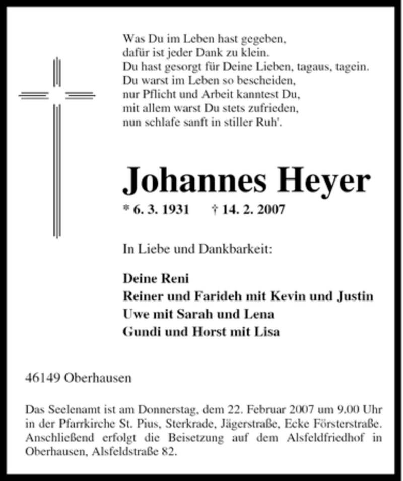  Traueranzeige für Johannes Heyer vom 17.02.2007 aus Tageszeitung