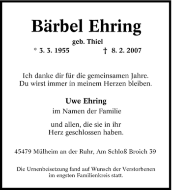 Traueranzeige von Bärbel Ehring von Tageszeitung