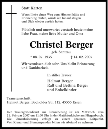 Traueranzeige von Christel Berger von Tageszeitung