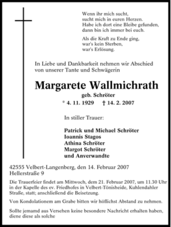 Traueranzeige von Margarete Wallmichrath von Tageszeitung