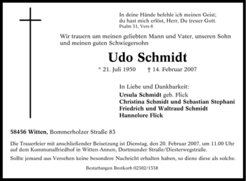 Traueranzeige von Udo Schmidt von Tageszeitung