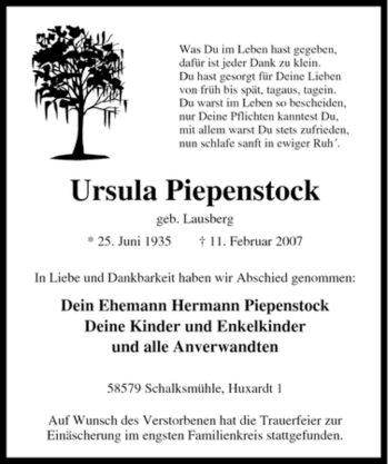 Traueranzeige von Ursula Piepenstock von Tageszeitung
