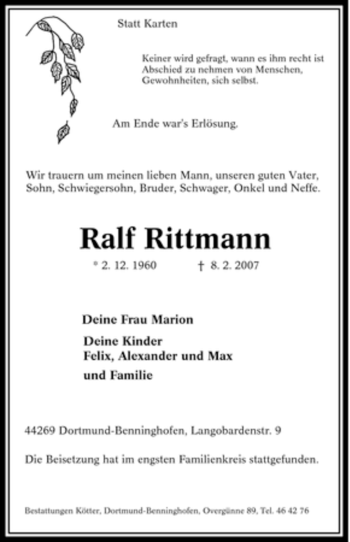 Traueranzeige von Ralf Rittmann von Tageszeitung
