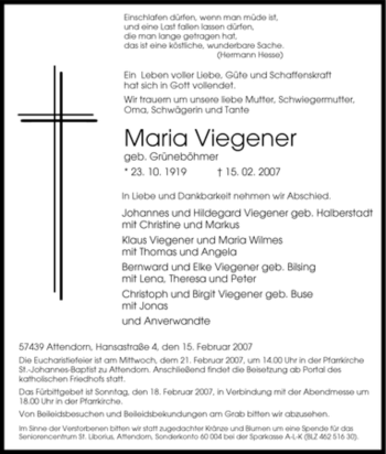 Traueranzeige von Maria Viegener von Tageszeitung
