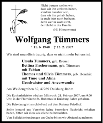 Traueranzeige von Wolfgang Tümmers von Tageszeitung