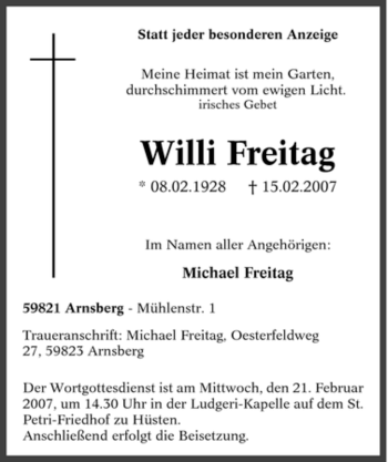 Traueranzeige von Willi Freitag von Tageszeitung