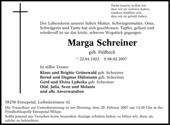 Traueranzeige von Marga Schreiner von Tageszeitung