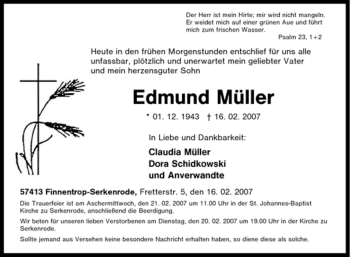 Traueranzeige von Edmund Müller von Tageszeitung