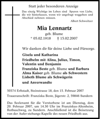 Traueranzeige von Mia Lennartz von Tageszeitung