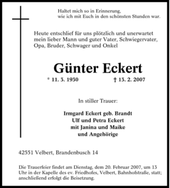 Traueranzeige von Günter Eckert von Tageszeitung