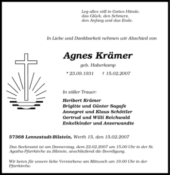 Traueranzeige von Agnes Krämer von Tageszeitung