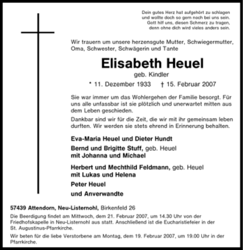 Traueranzeige von Elisabeth Heuel von Tageszeitung