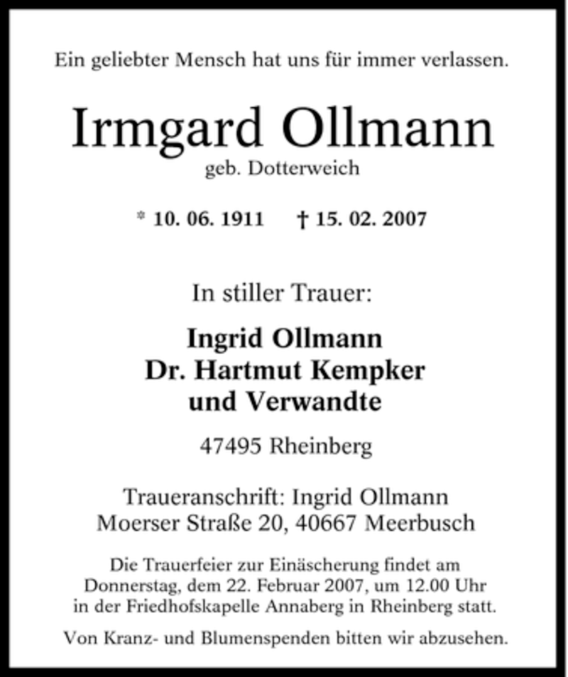  Traueranzeige für Irmgard Ollmann vom 17.02.2007 aus Tageszeitung