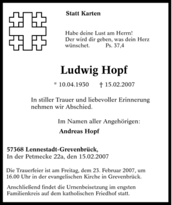Traueranzeige von Ludwig Hopf von Tageszeitung