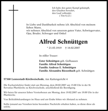 Traueranzeige von Alfred Schnüttgen von Tageszeitung