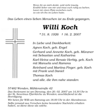 Traueranzeige von Willi Koch von Tageszeitung