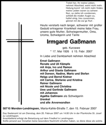 Traueranzeige von Irmgard Gaßmann von Tageszeitung