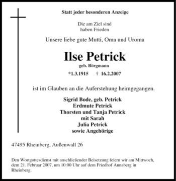 Traueranzeige von Ilse Petrick von Tageszeitung