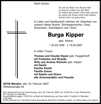Traueranzeige von Burga Kipper von Tageszeitung