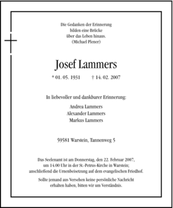 Traueranzeige von Josef Lammers von Tageszeitung