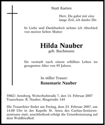 Traueranzeige von Hilda Nauber von Tageszeitung