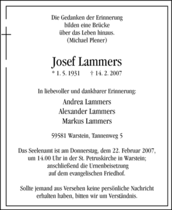 Traueranzeige von Josef Lammers von Tageszeitung