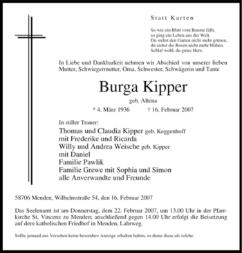 Traueranzeige von Burga Kipper von Tageszeitung