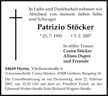 Traueranzeige von Patrizio Stöcker von Tageszeitung