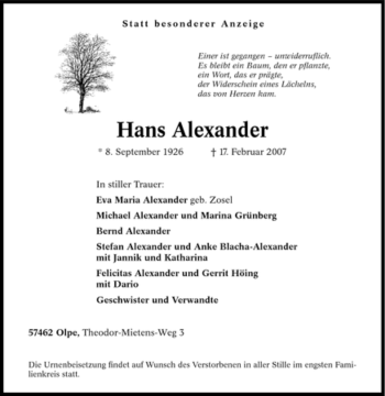 Traueranzeige von Hans Alexander von Tageszeitung