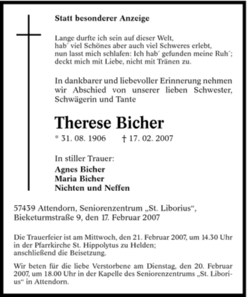 Traueranzeige von Therese Bicher von Tageszeitung