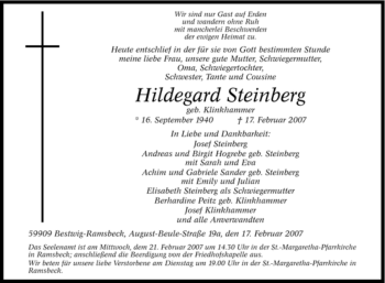 Traueranzeige von Hildegard Steinberg von Tageszeitung