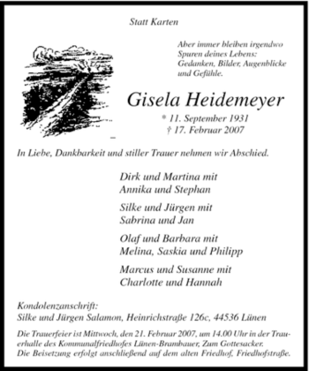 Traueranzeige von Gisela Heidemeyer von Tageszeitung