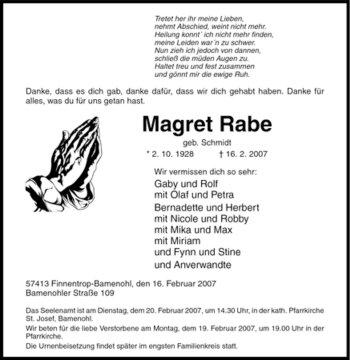 Traueranzeige von Magret Rabe von Tageszeitung