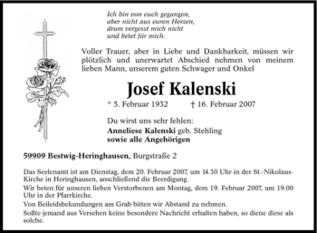 Traueranzeige von Josef Kalenski von Tageszeitung