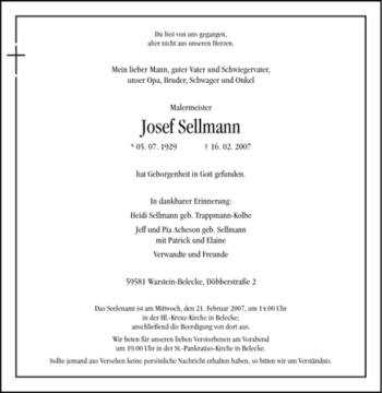 Traueranzeige von Josef Sellmann von Tageszeitung