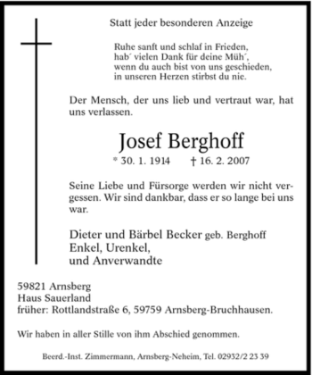Traueranzeige von Josef Berghoff von Tageszeitung