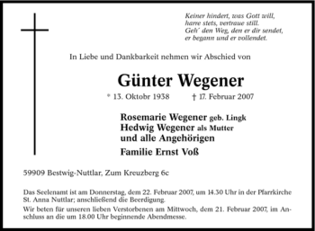 Traueranzeige von Günter Wegener von Tageszeitung