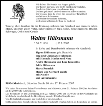 Traueranzeige von Walter Hülsmann von Tageszeitung