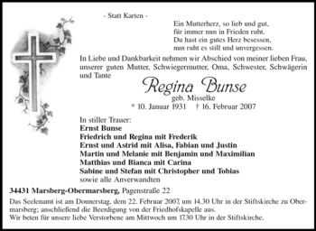 Traueranzeige von Regina Bunse von Tageszeitung