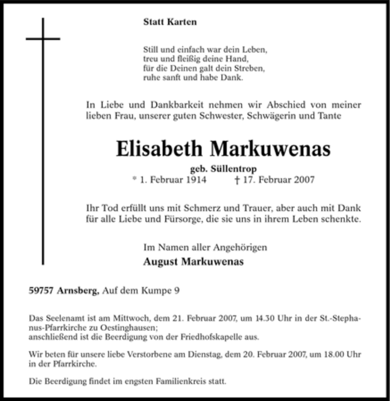 Traueranzeige für Elisabeth Markuwenas vom 19.02.2007 aus Tageszeitung