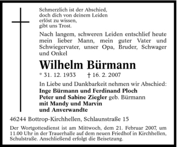 Traueranzeige von Wilhelm Bürmann von Tageszeitung
