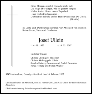 Traueranzeige von Josef Ullein von Tageszeitung