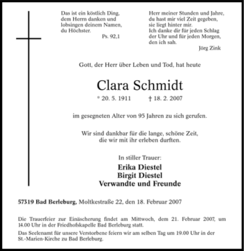 Traueranzeige von Clara Schmidt von Tageszeitung