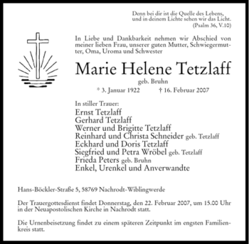 Traueranzeige von Marie Helene Tetzlaff von Tageszeitung