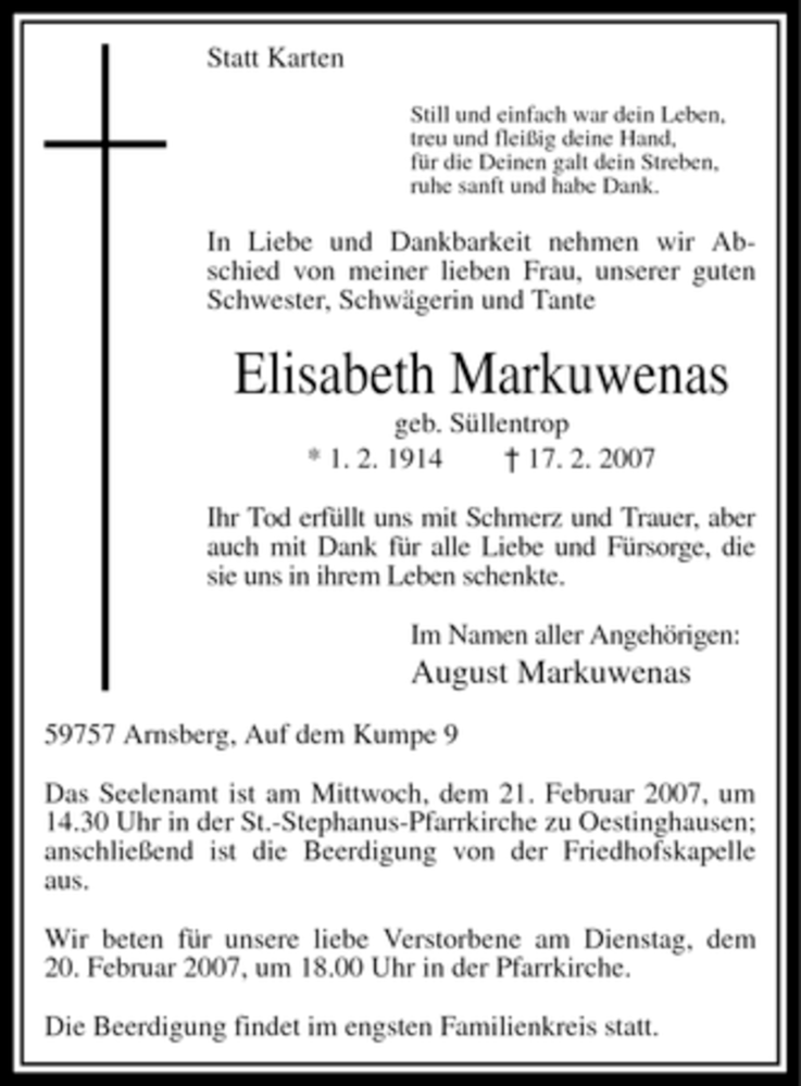  Traueranzeige für Elisabeth Markuwenas vom 19.02.2007 aus Tageszeitung