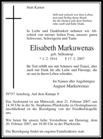 Traueranzeige von Elisabeth Markuwenas von Tageszeitung