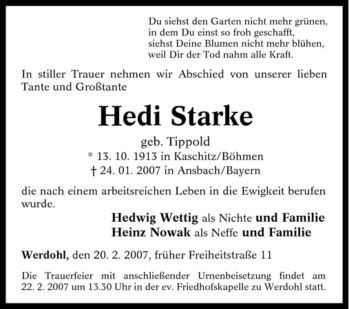 Traueranzeige von Hedi Starke von Tageszeitung