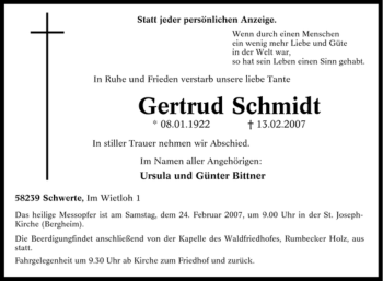 Traueranzeige von Gertrud Schmidt von Tageszeitung