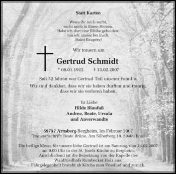 Traueranzeige von Gertrud Schmidt von Tageszeitung